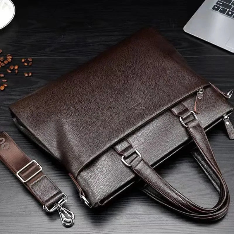 Black and brown PU leather men's messenger bag with shoulder strap showing splicing detail