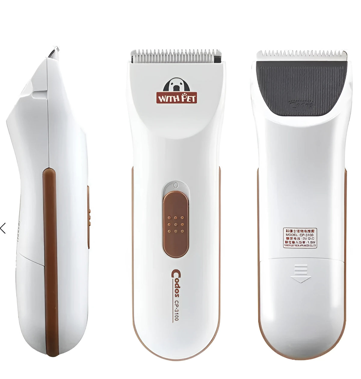 White electric pet hair clipper with ceramic blade on a table