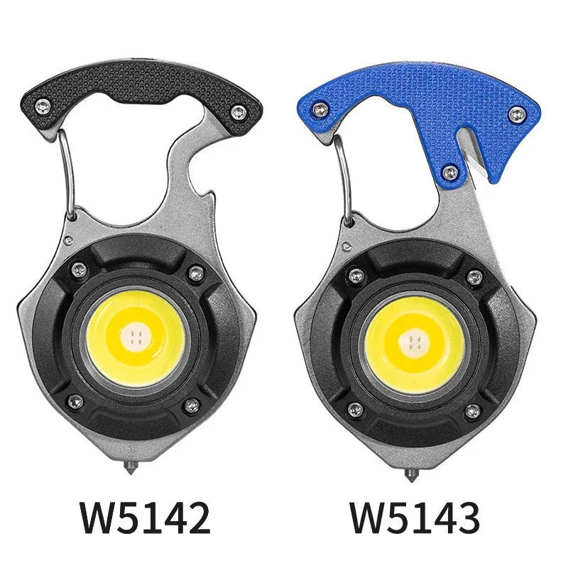 Silver and black multifunctional keychain light with LED array, window breaking hammer tip, and screwdriver.