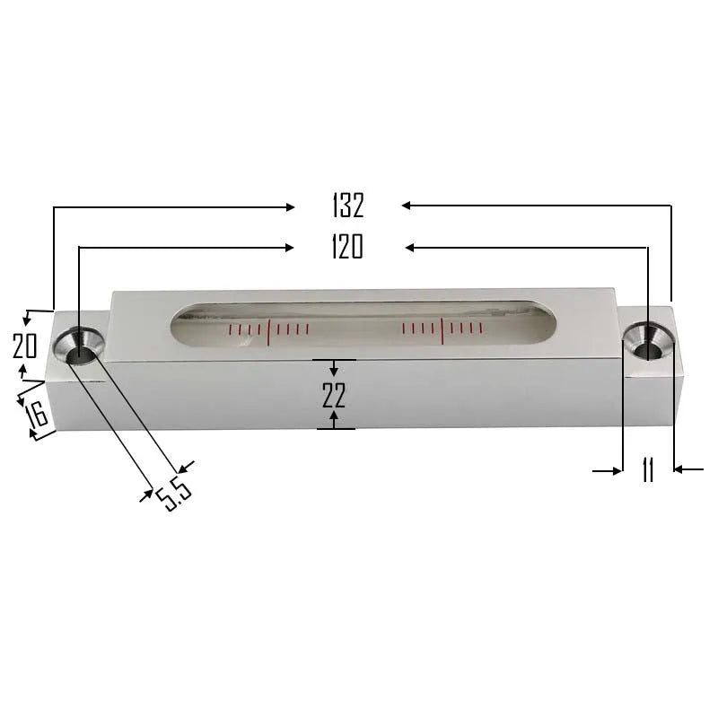 Small metal-bodied spirit level with glass vials, measuring 132mm in length.