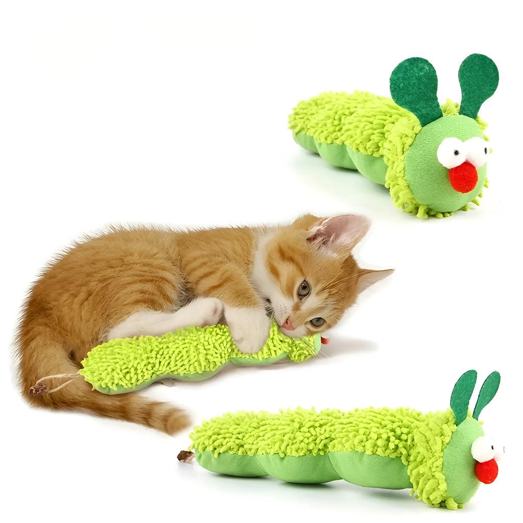 Green plush interactive cat toy pillow with moving LED tail, showing dimensions 24×11×5 cm