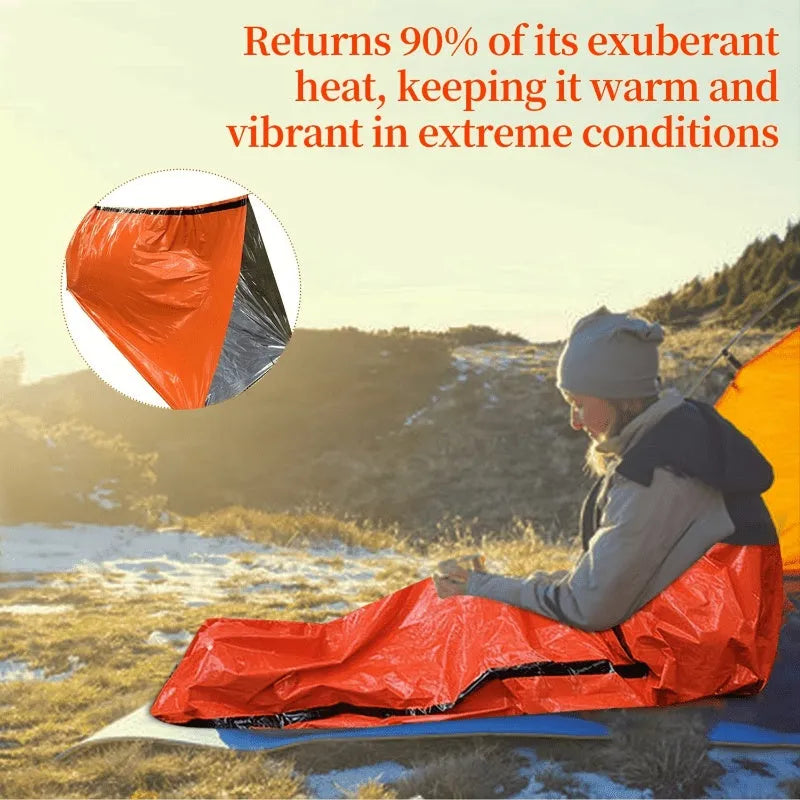 Portable emergency sleeping bag, blanket, and tent in green or orange, thermal and waterproof for camping and survival