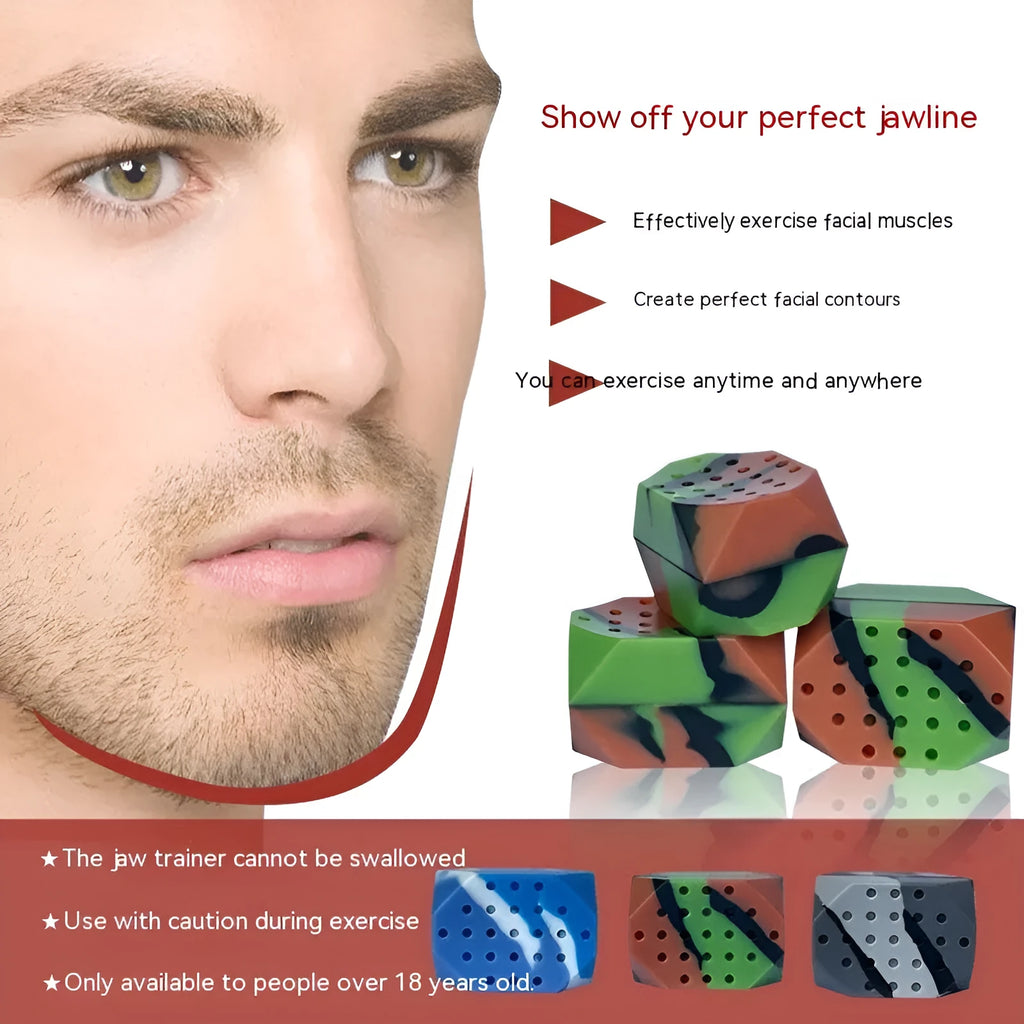 Two camouflage-pattern silicone facial muscle fitness balls for jawline training in a transparent box.