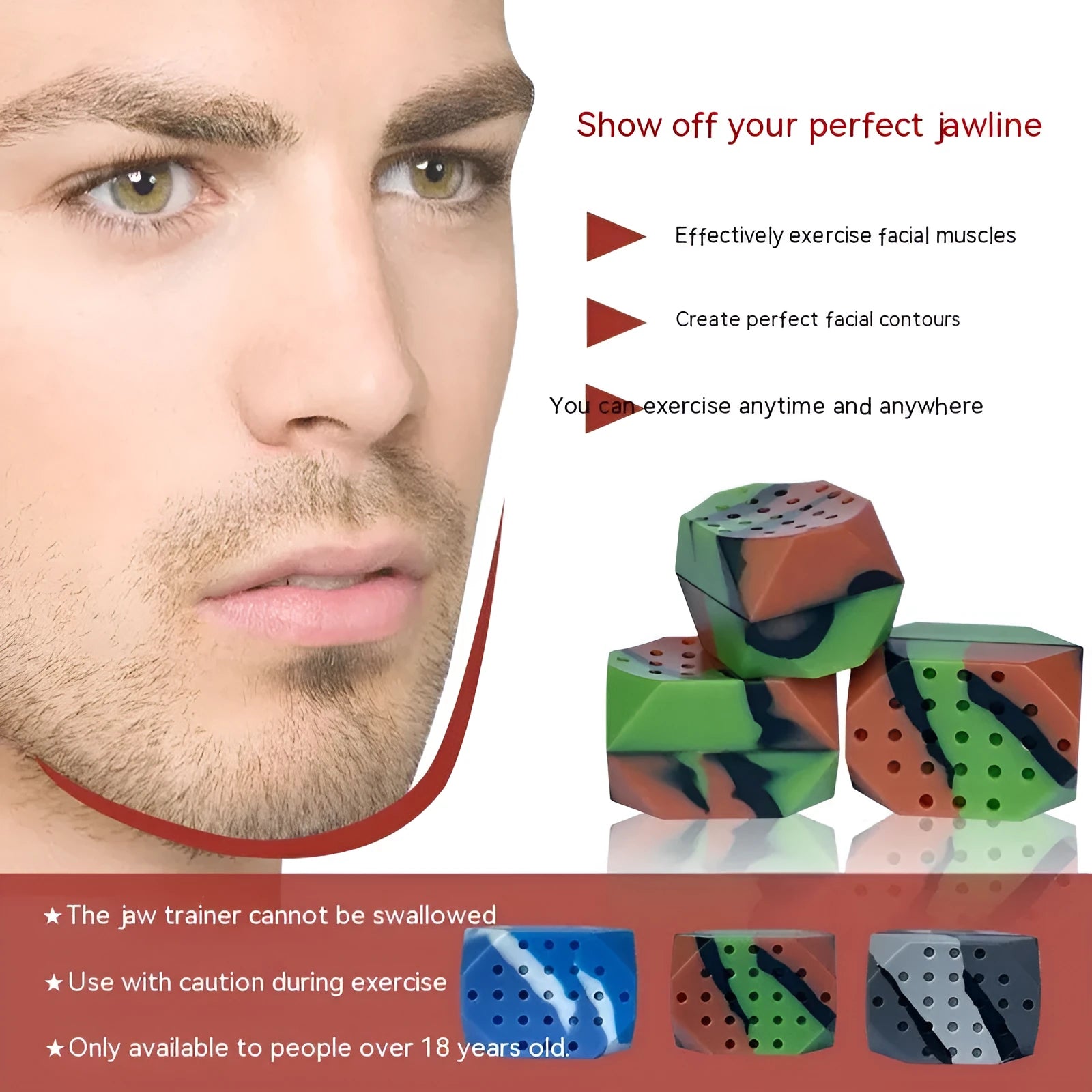 Two camouflage-pattern silicone facial muscle fitness balls for jawline training in a transparent box.