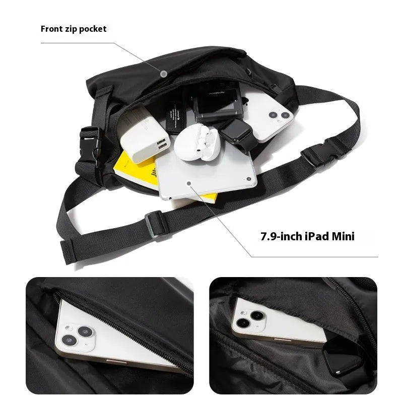 Black men's chest bag with slanted design showing oxford fabric and sewing lines