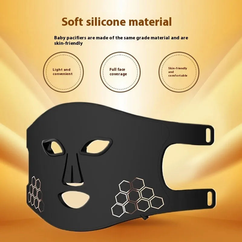 Black LED photon beauty mask showing light panels and neck extension for comprehensive skincare treatment