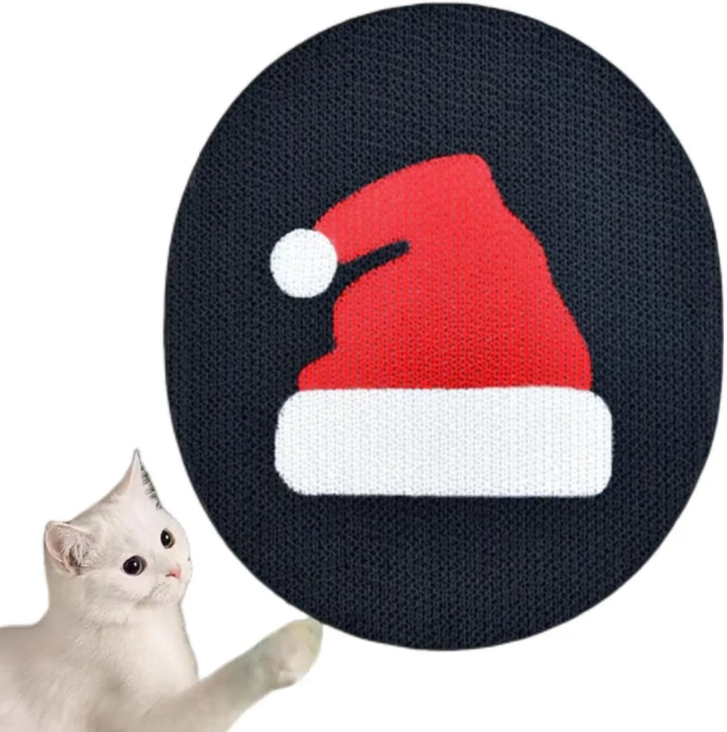 Wall-mounted corrugated cardboard cat scratcher pad on a wall, showing one of four design options.