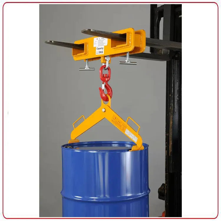 Rotatable iron forklift crane hook with safety lock and locking column, mounted on forklift forks.