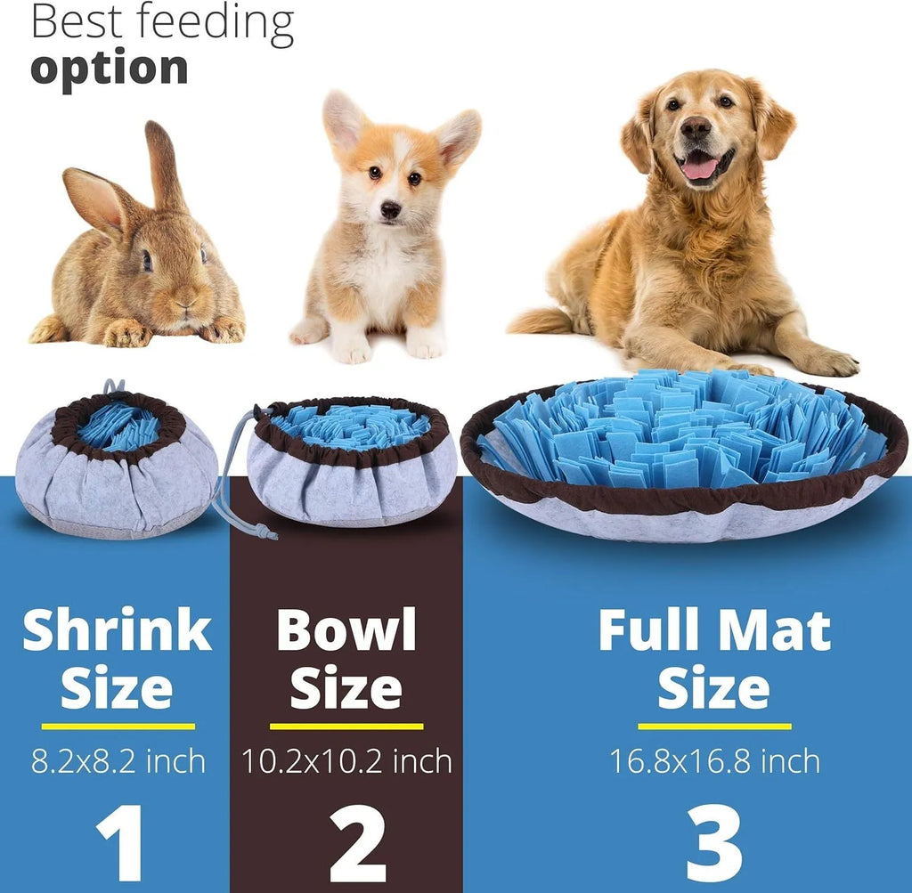 Blue adjustable fabric snuffle mat for dogs, showing food hidden in folds for foraging.