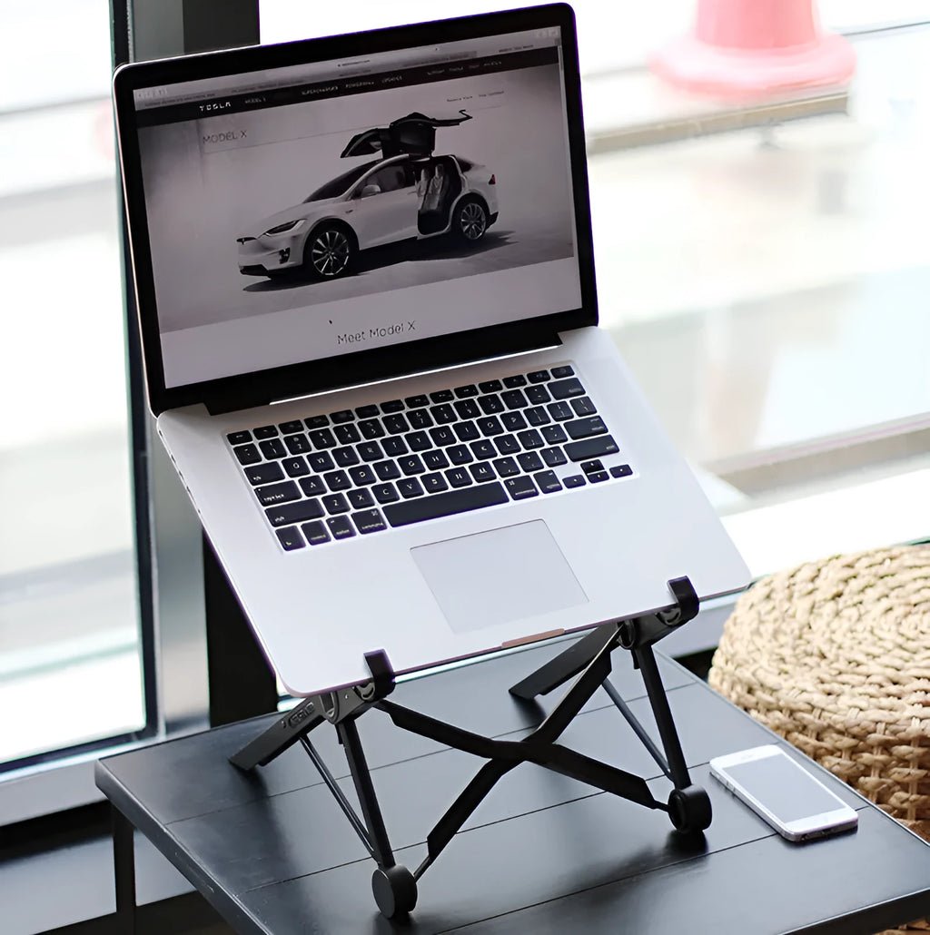 Black folding portable laptop stand made from reinforced nylon, shown in open and closed positions