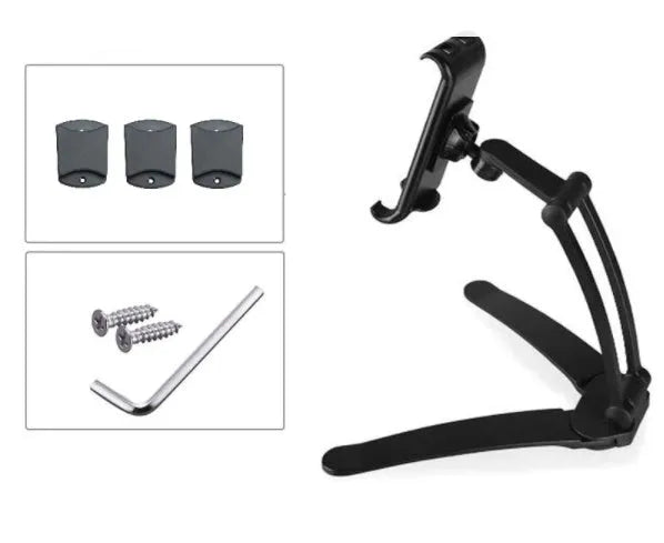 Silver aluminium alloy desktop stand holding a tablet, showing its adjustable clip and mounting base.