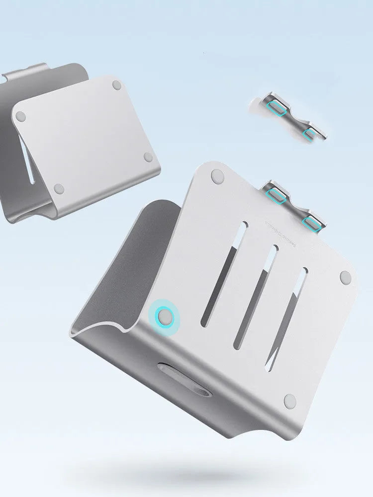 Aluminium alloy laptop cooling bracket in grey colour with rotary hinge adjustment on a desk.