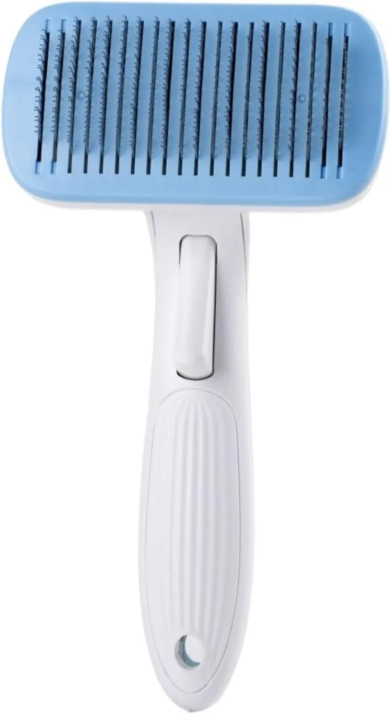 Automatic pet hair removal comb in blue, showing handheld design with comb head.