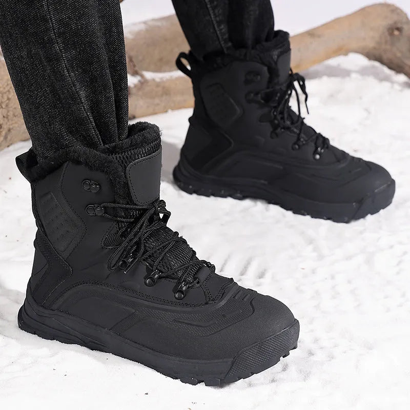 Men's black fleece-lined high-top boots with lace-up front and tall crown design
