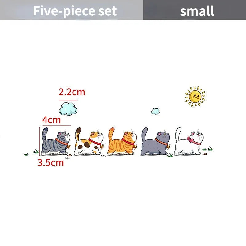 Waterproof PVC car sticker showing a design of five walking cats, available in multiple sizes.