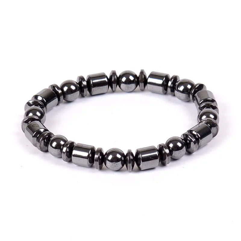 Black pentagram design magnetic therapy bracelet with magnetite and hematite stones on a stretch band.