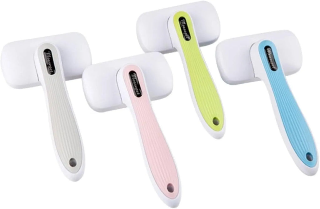 Automatic pet hair removal comb in blue, showing handheld design with comb head.