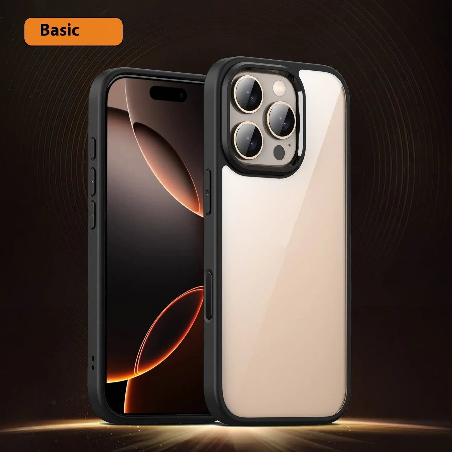 Black transparent magnetic phone case for iPhone 16 models showing magnetic ring and protective edges