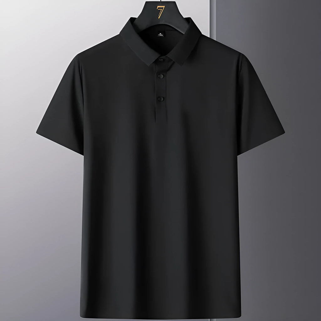 Men's non-ironing solid colour short sleeve business casual shirt on a hanger.