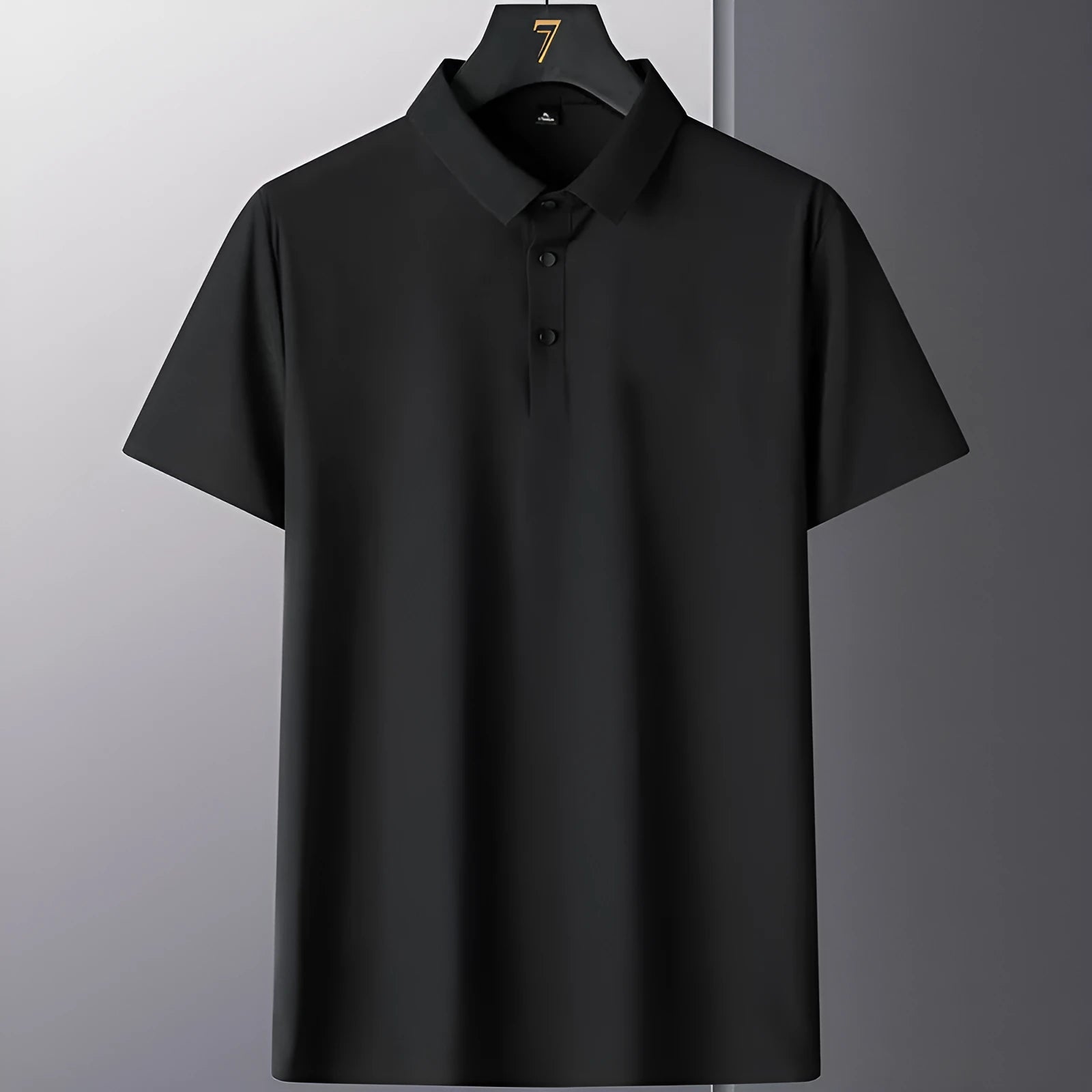 Men's non-ironing solid colour short sleeve business casual shirt on a hanger.