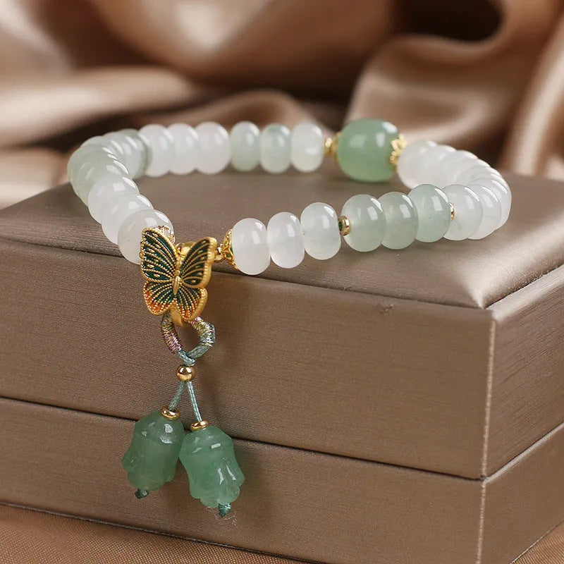 Green Tian Shan Cui abacus bead bracelet with crystal stones and retro butterfly charm tassel
