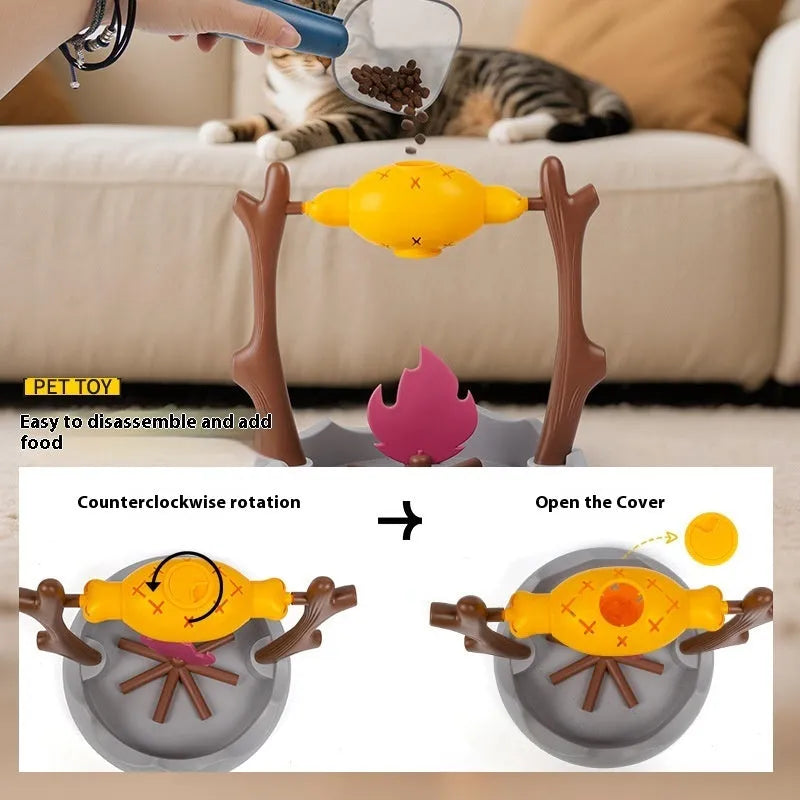 Barbecue-shaped plastic cat feeder toy measuring 30x30x29cm for dispensing freeze-dried treats