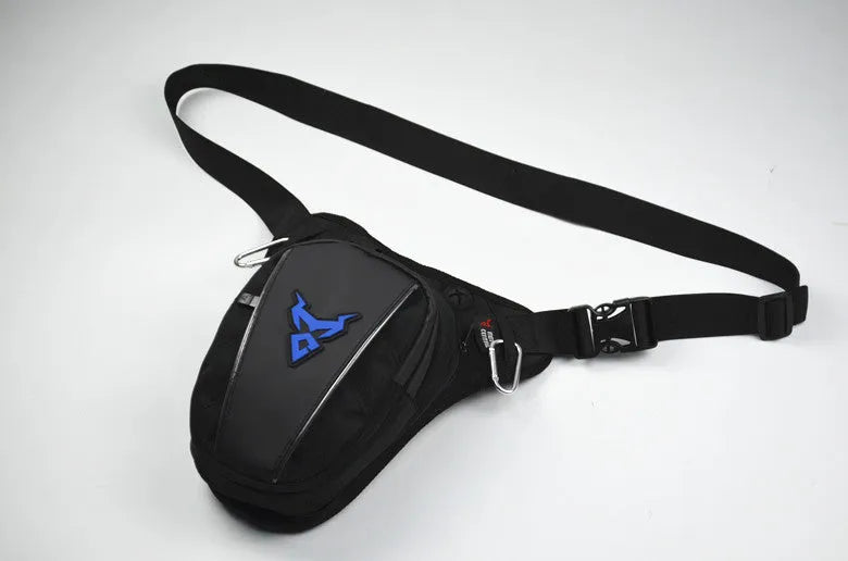 Motorcycle leg bag made of 1200D Oxford cloth in blue, shown mounted on a rider's thigh.