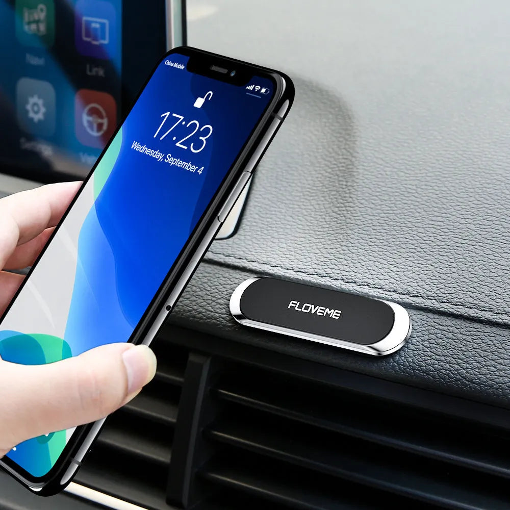 Black magnetic car phone holder with square silver iron plate and compact 70mm design