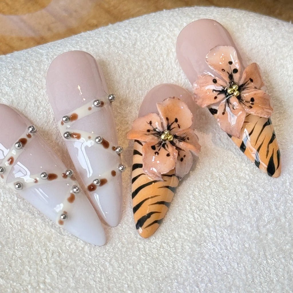 Handmade French style leopard print nail armour stickers with floral cross patterns in four sizes