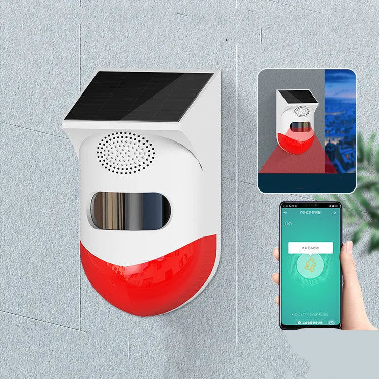 Solar-powered infrared security alarm with wall mount for outdoor property protection