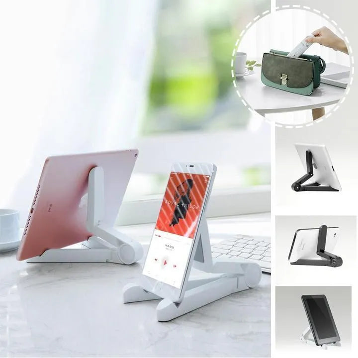 Black foldable tablet holder displaying smartphone at adjustable angle on desk