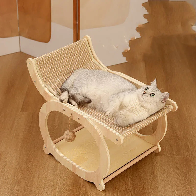 Solid wood sisal cat scratching mat in recliner style, walnut colour option