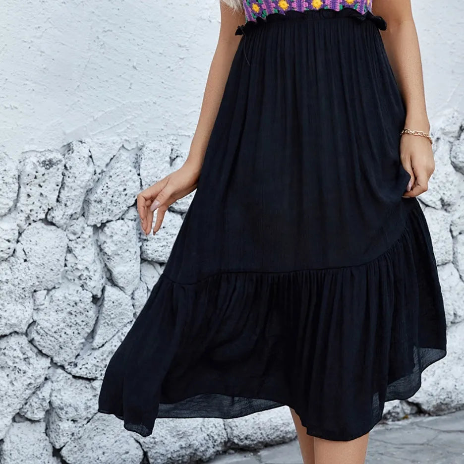 Purple sleeveless dress with hand-stitched floral embroidery on cotton blend fabric