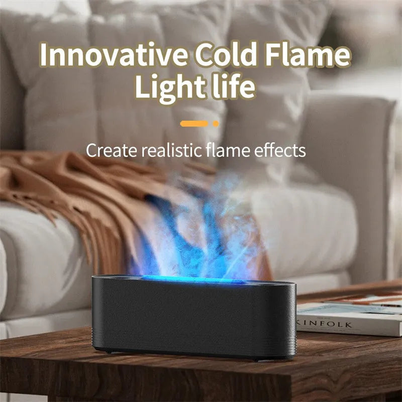 Black Flame Air ultrasonic humidifier and aroma diffuser with coloured LED flame light and visible mist output