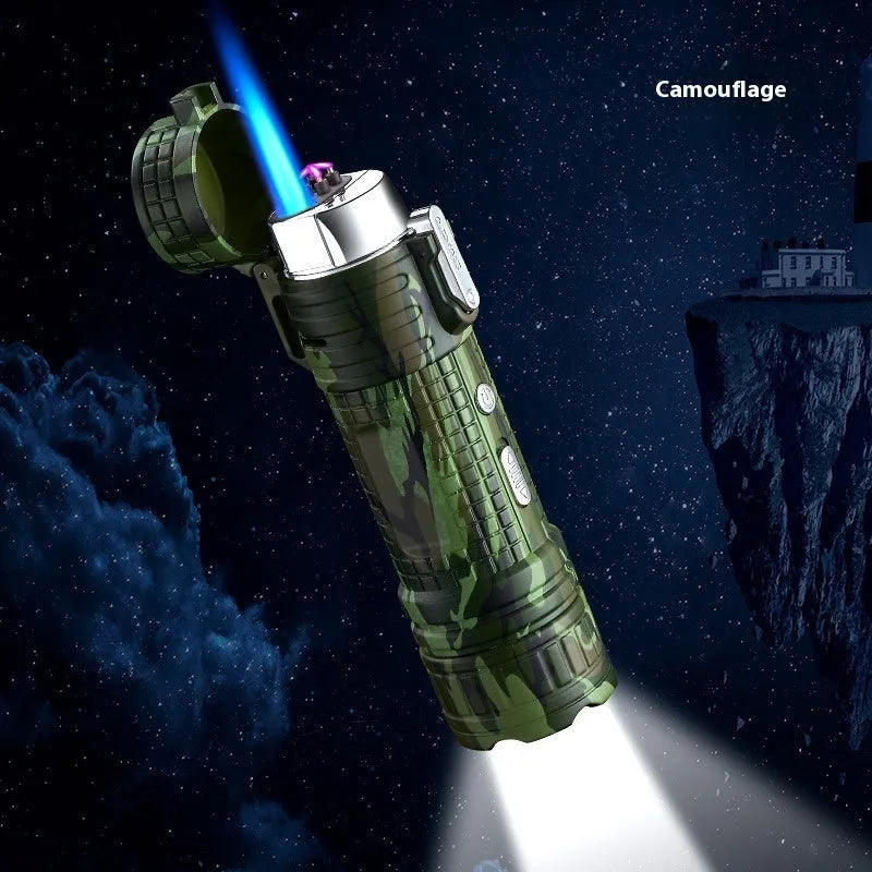 TH727 multifunction metal flashlight lighter in camouflage colour showing LED light, plasma arc, and knife.