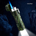 TH727 multifunction metal flashlight lighter in camouflage colour showing LED light, plasma arc, and knife.