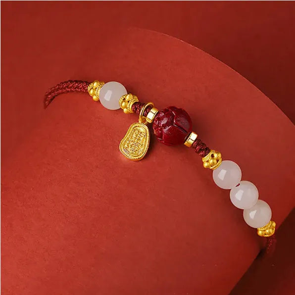 Adjustable 925 silver women's bracelet with Hetian jade bead and cinnabar red rope in shore colour