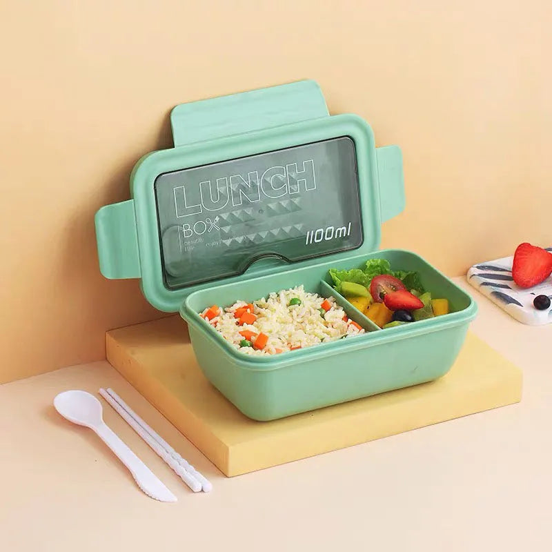 Four-layer plastic bento lunch box with Nordic design in green, red, or yellow colours
