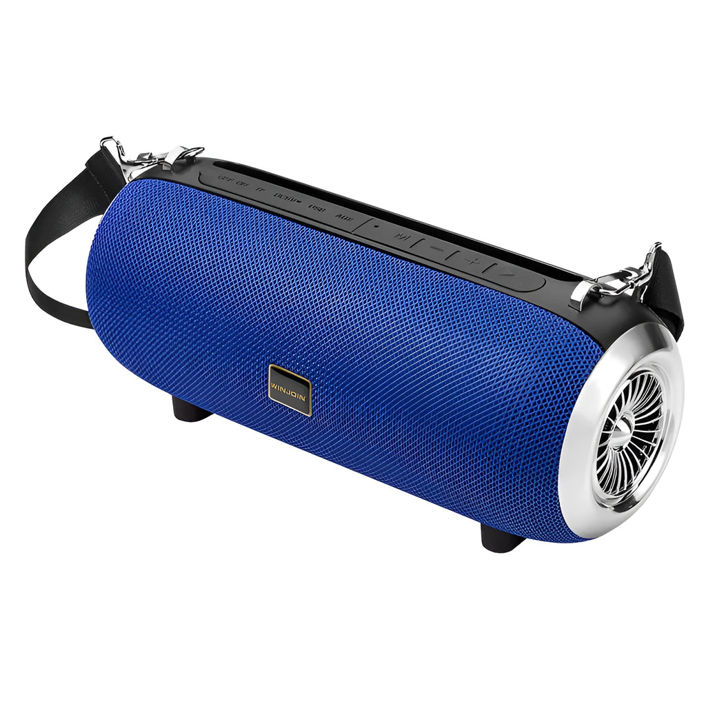 Square fabric and plastic portable Bluetooth speaker with shoulder strap and mobile phone stand.