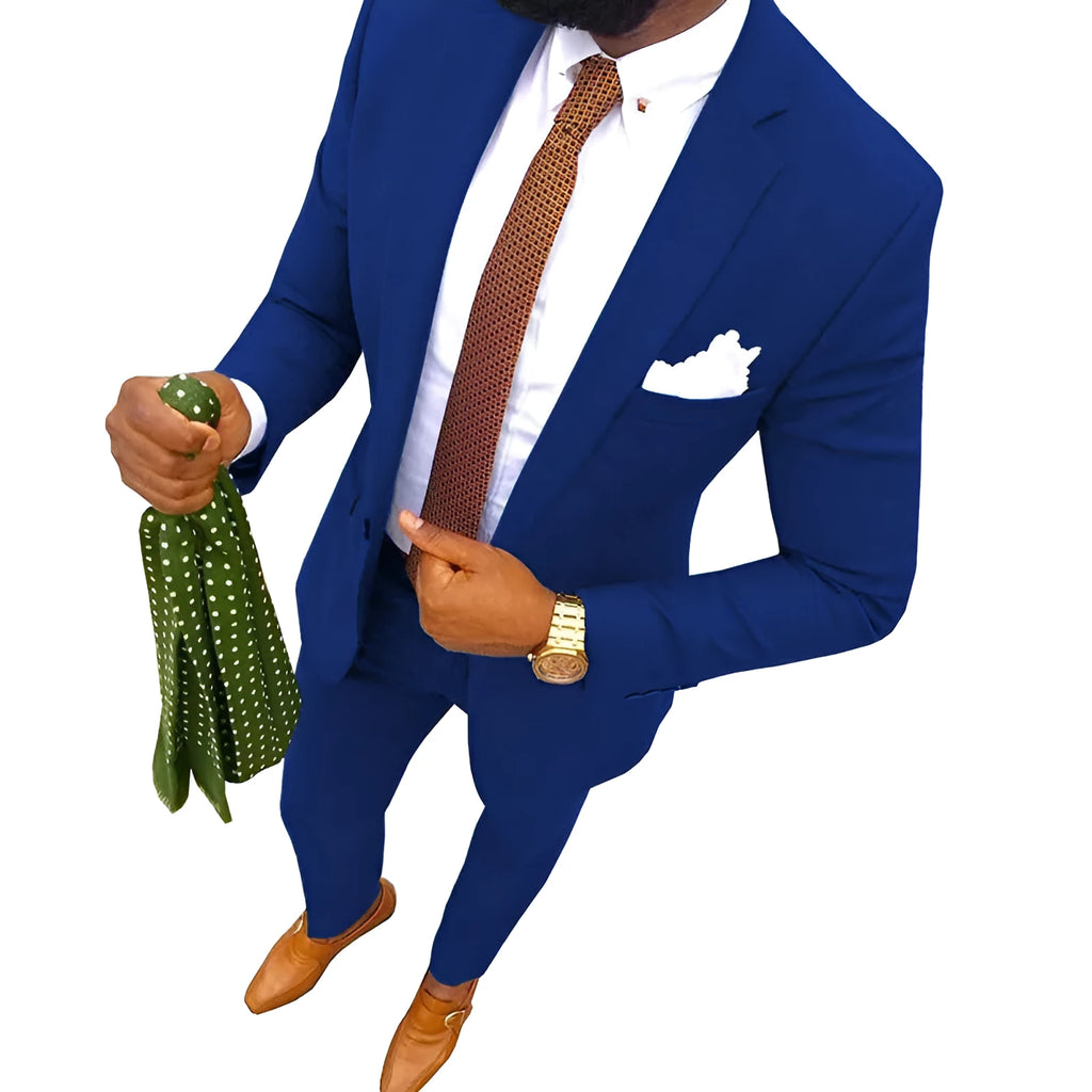 Men's purple cotton banquet suit jacket and trousers on a hanger, showing the two-piece formal set.