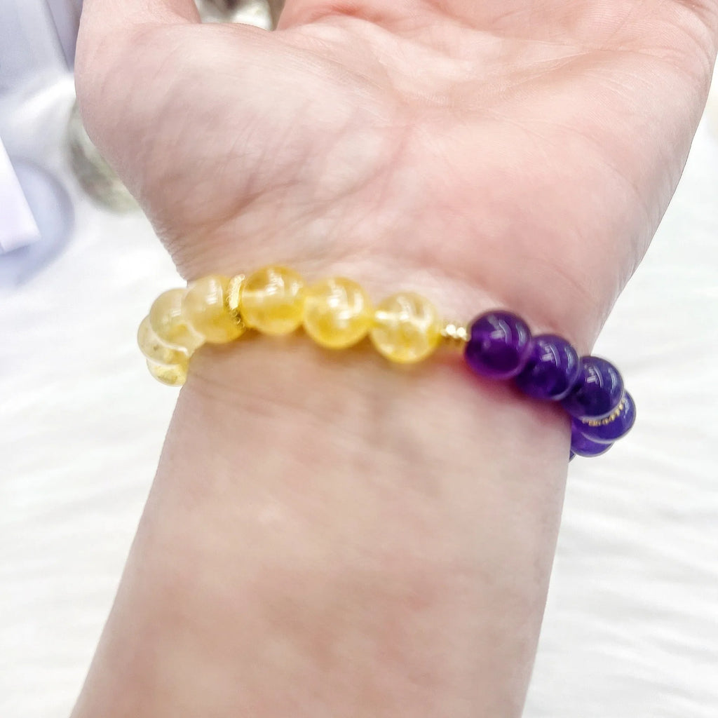Handmade yellow and purple crystal amethyst bracelet for women with adjustable length