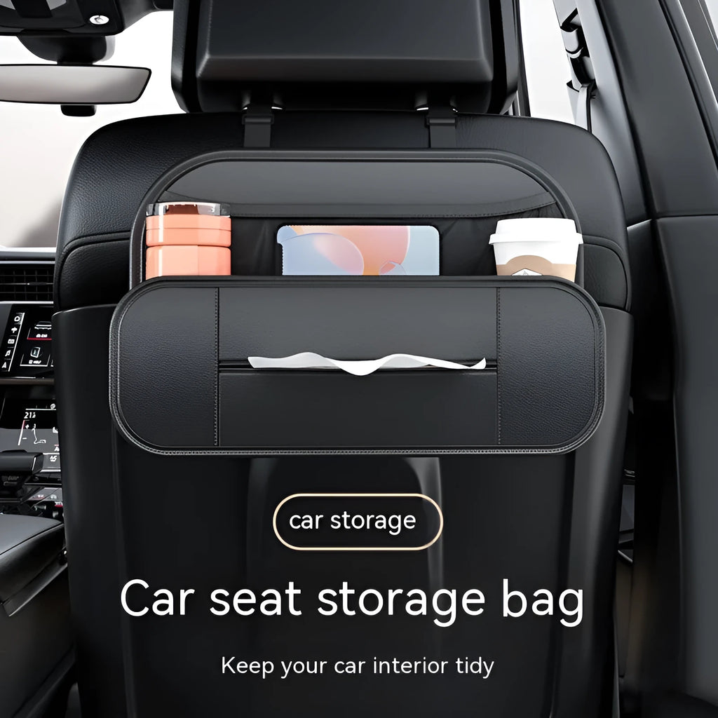 Black leather car seat rear storage bag with dimensions 36x8x24cm showing customisable compartments