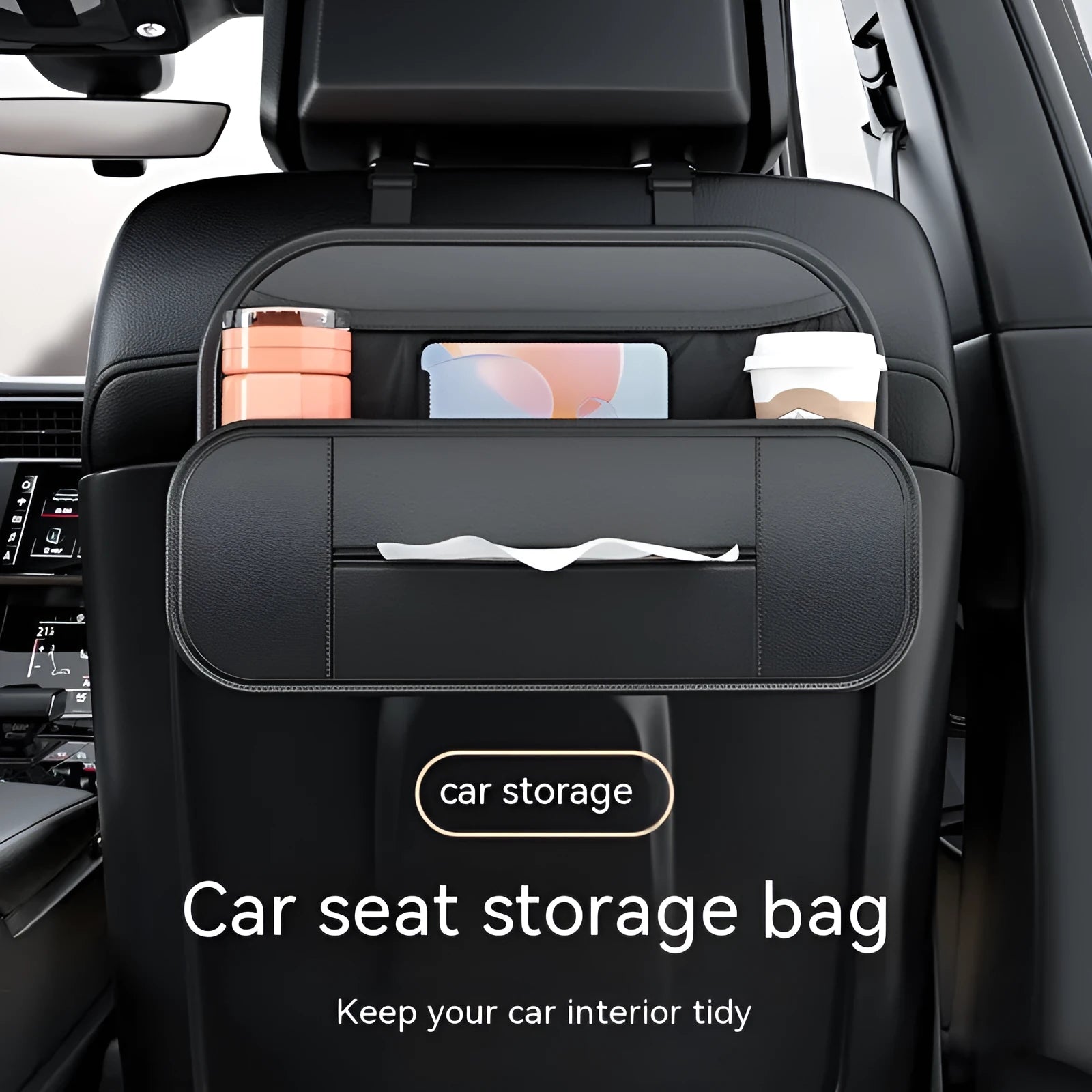 Black leather car seat rear storage bag with dimensions 36x8x24cm showing customisable compartments