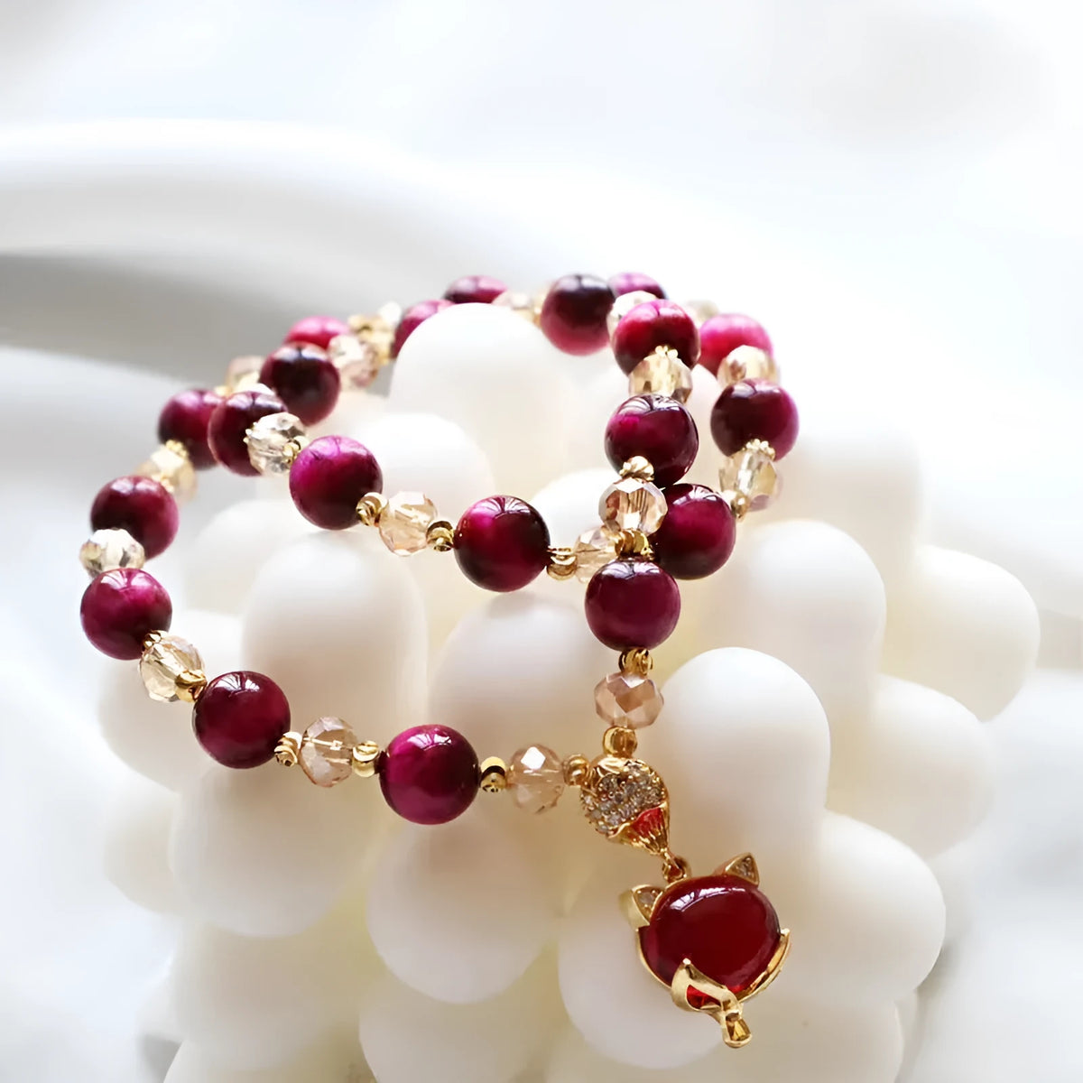 Handmade Tigereye stone adjustable bracelet with single or double chain in Rose Red or Green colours