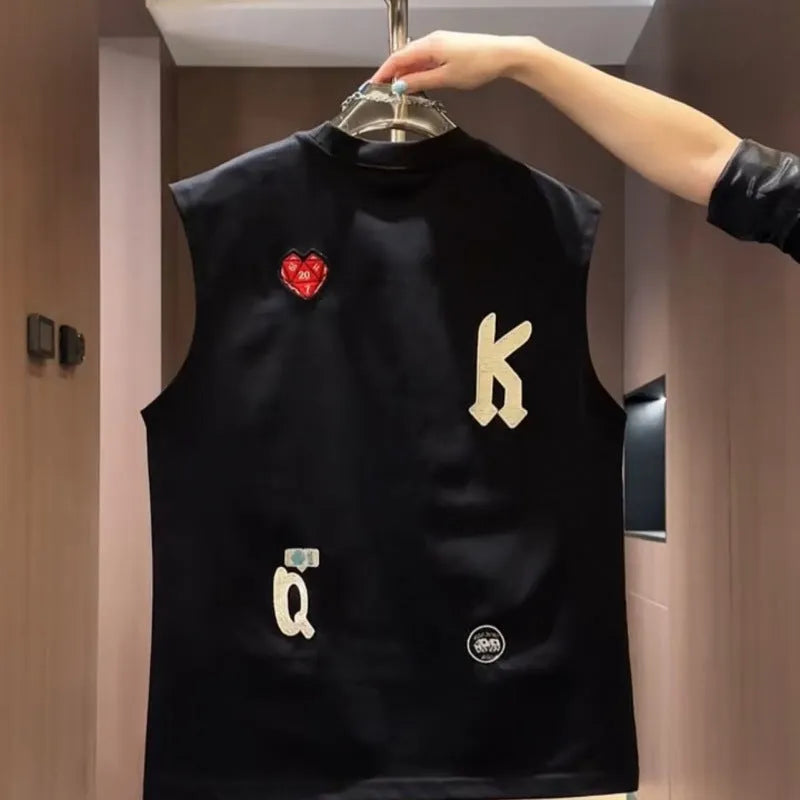 Men's loose black cotton sleeveless vest t-shirt featuring a cartoon print on the front.