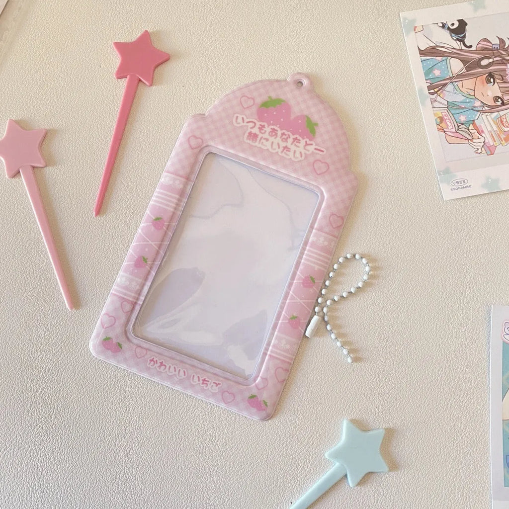 PVC plastic meal card holder pendant in strawberry and four-leaf clover cartoon designs.