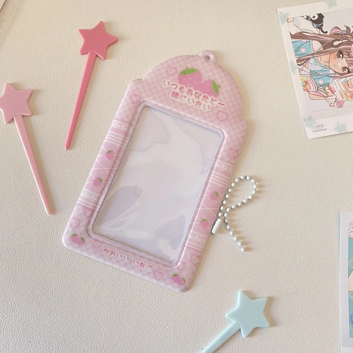 PVC plastic meal card holder pendant in strawberry and four-leaf clover cartoon designs.