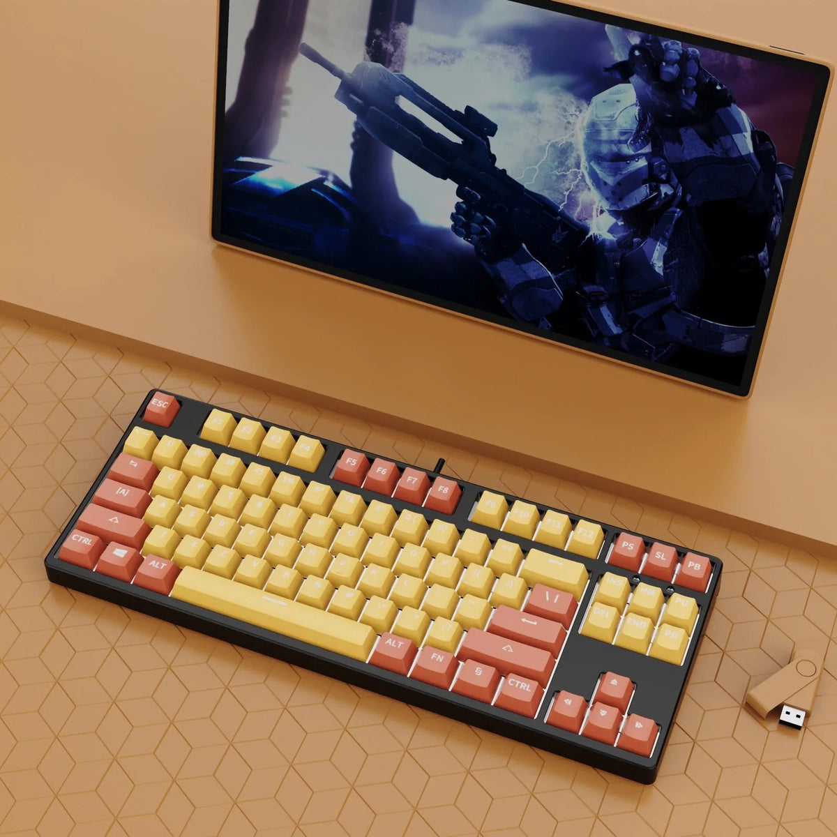 87 key wired mechanical keyboard with hot-swappable switches showing dual-colour keycap theme on metal body