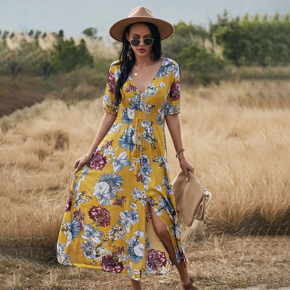 Women's floral summer beach dress with V-neck and high waist in yellow black or blue mid-length print