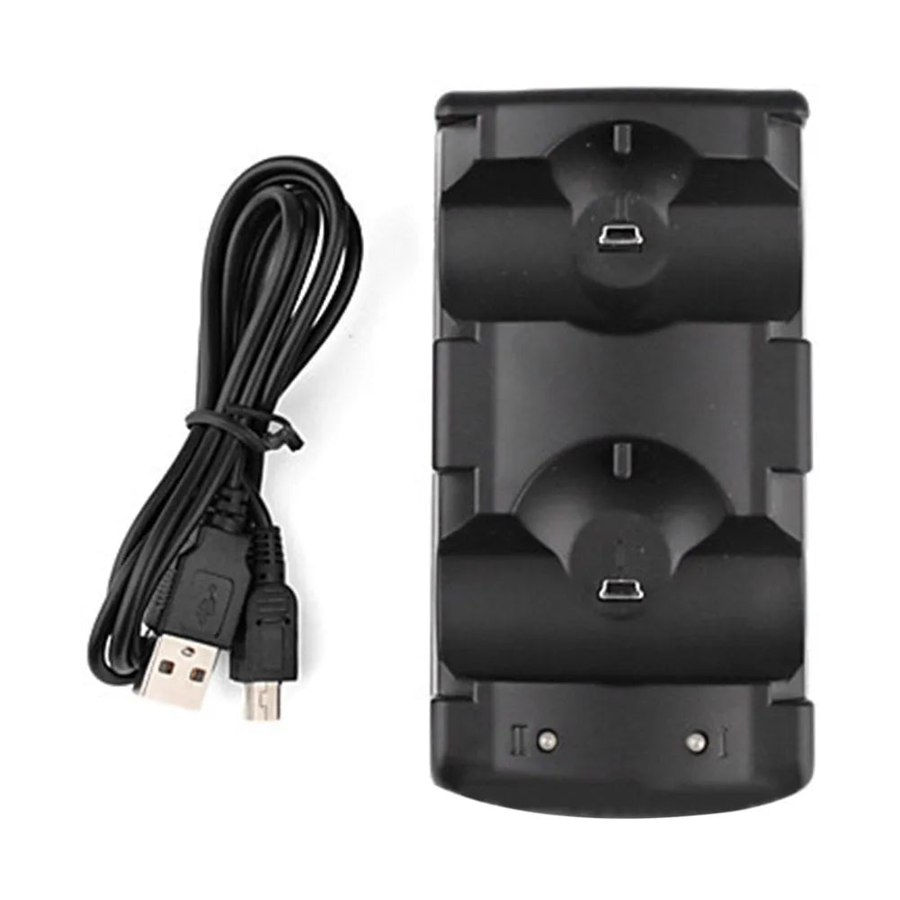 Black plastic dual USB charging dock for PlayStation 3 controllers with a connected cable